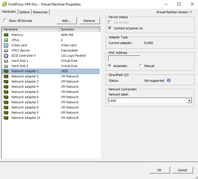 Configure virtual hardware settings | FortiProxy Private Cloud 7.6