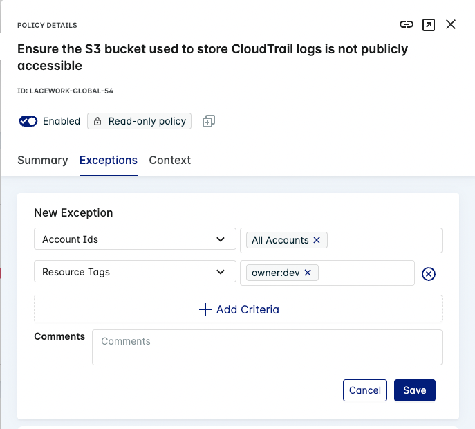 Add Compliance Policy Exceptions in the Lacework FortiCNAPP Console ...