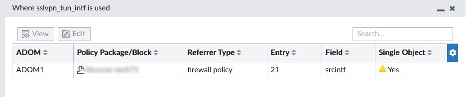 The modal window showing where a normalized interface is used