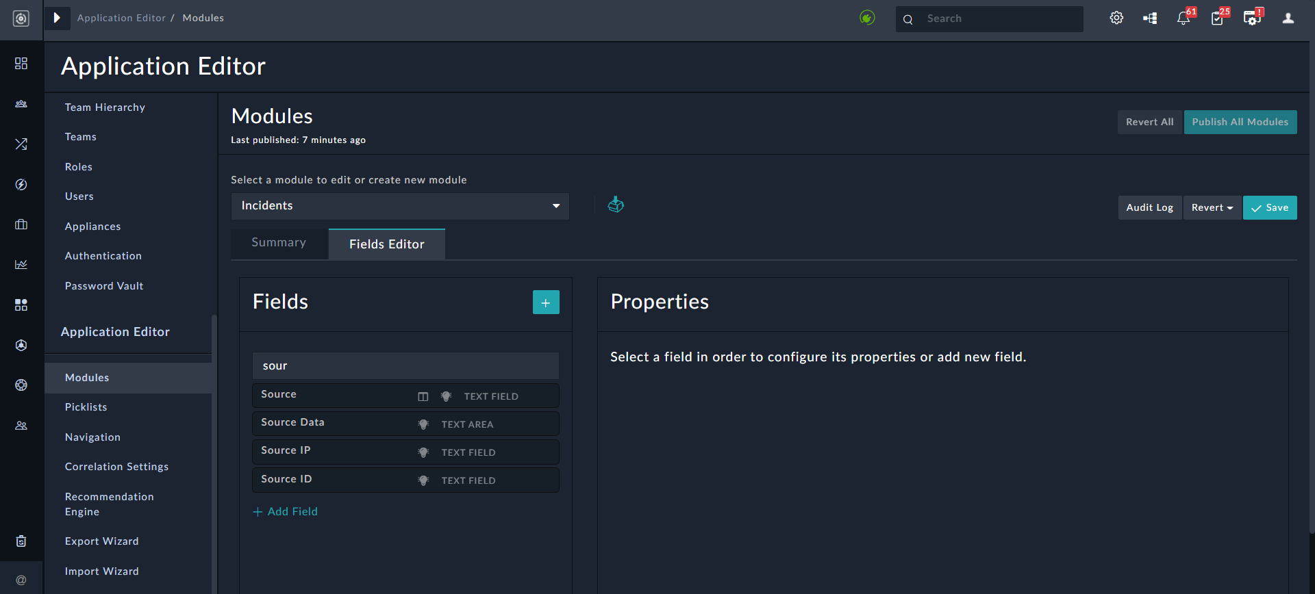 Filtering Fields in the Fields Editor