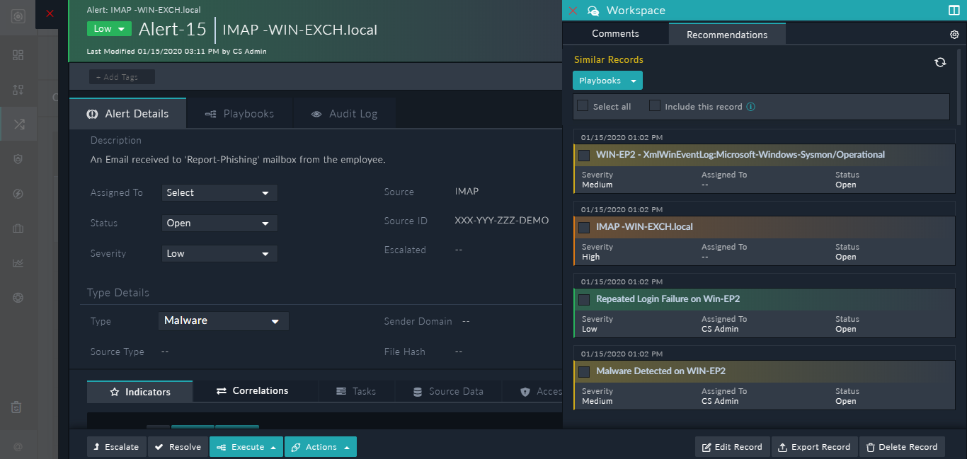 Recommendation pane - Display of similar alerts