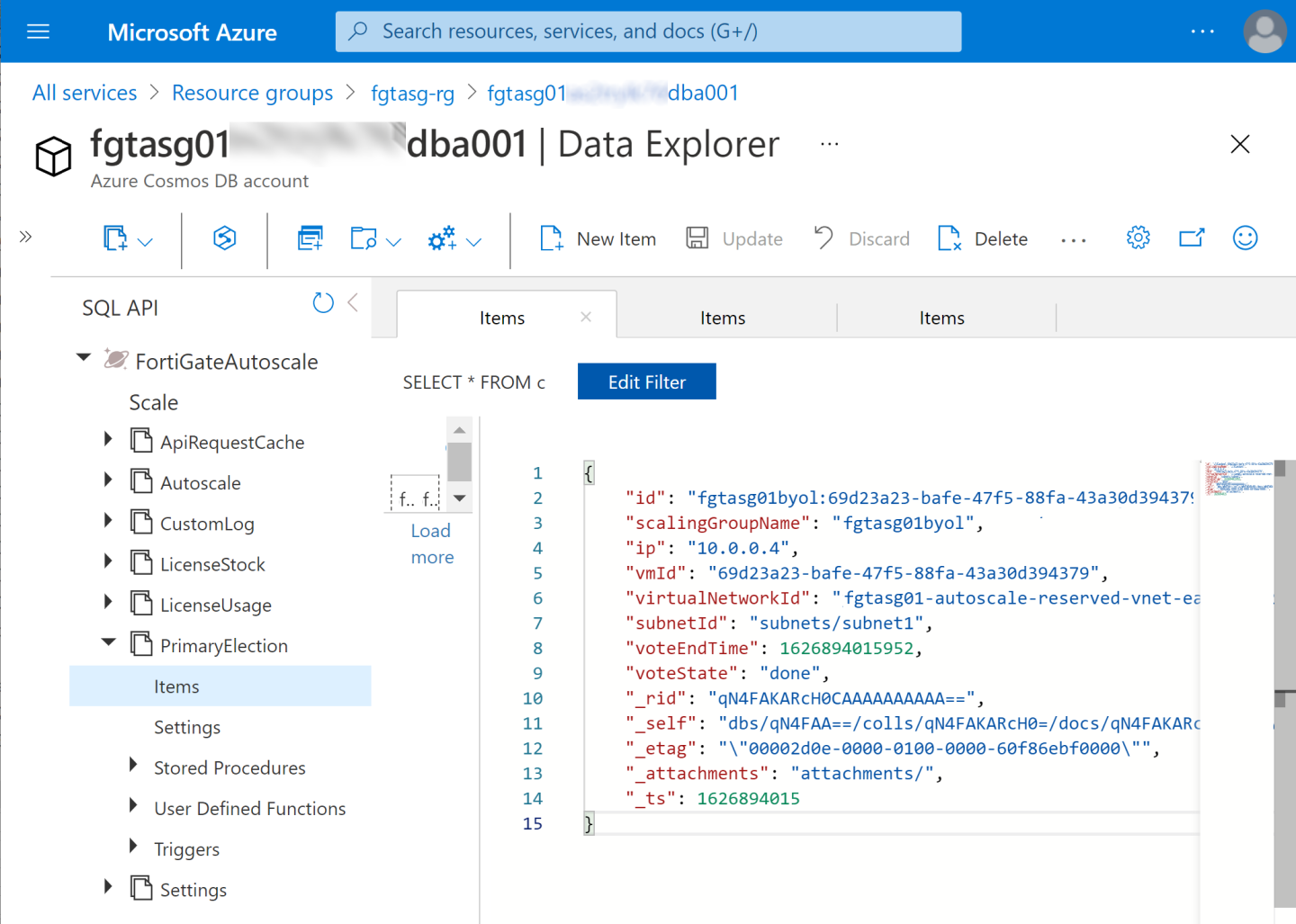 Items page with the primary record
