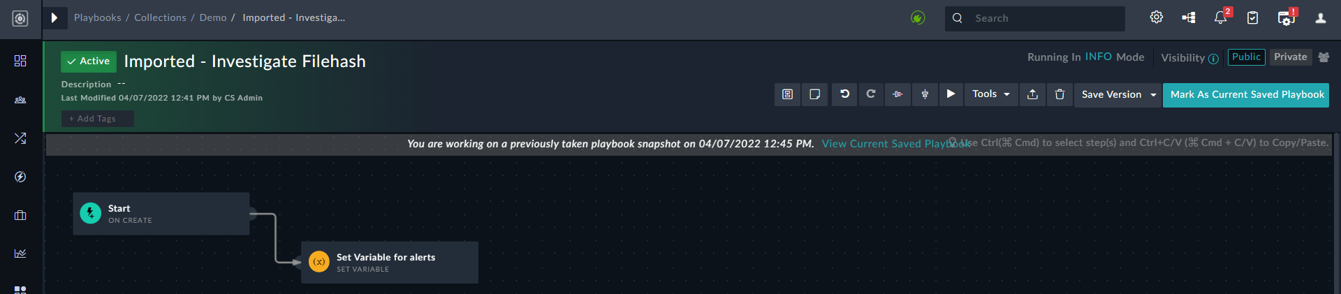 Viewing a previous snapshot of a playbook