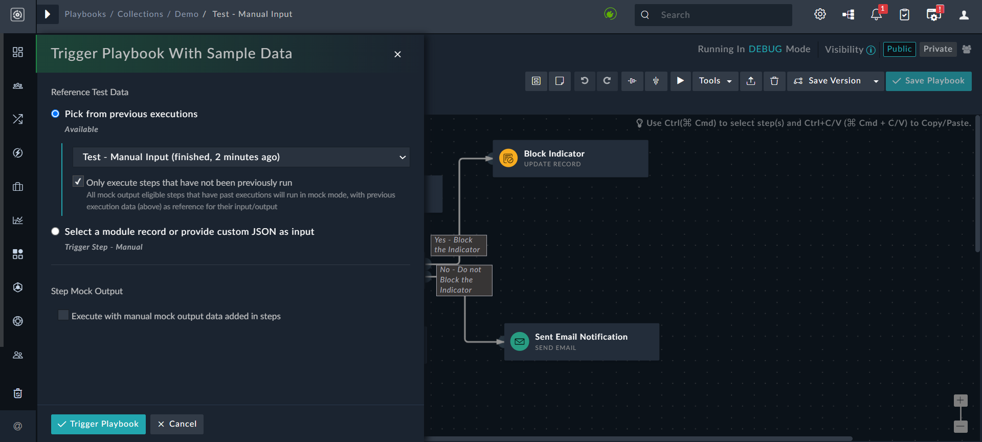 Trigger Playbook with sample data button