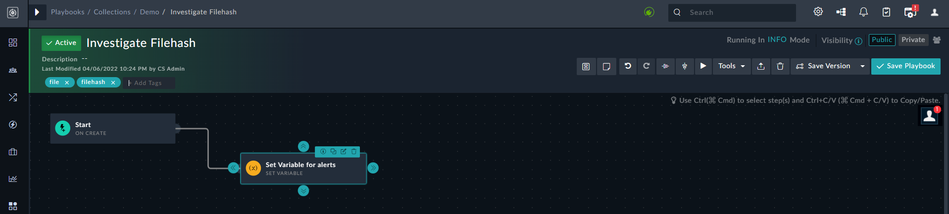 Info, Edit, Clone, and Remove actions in playbook steps