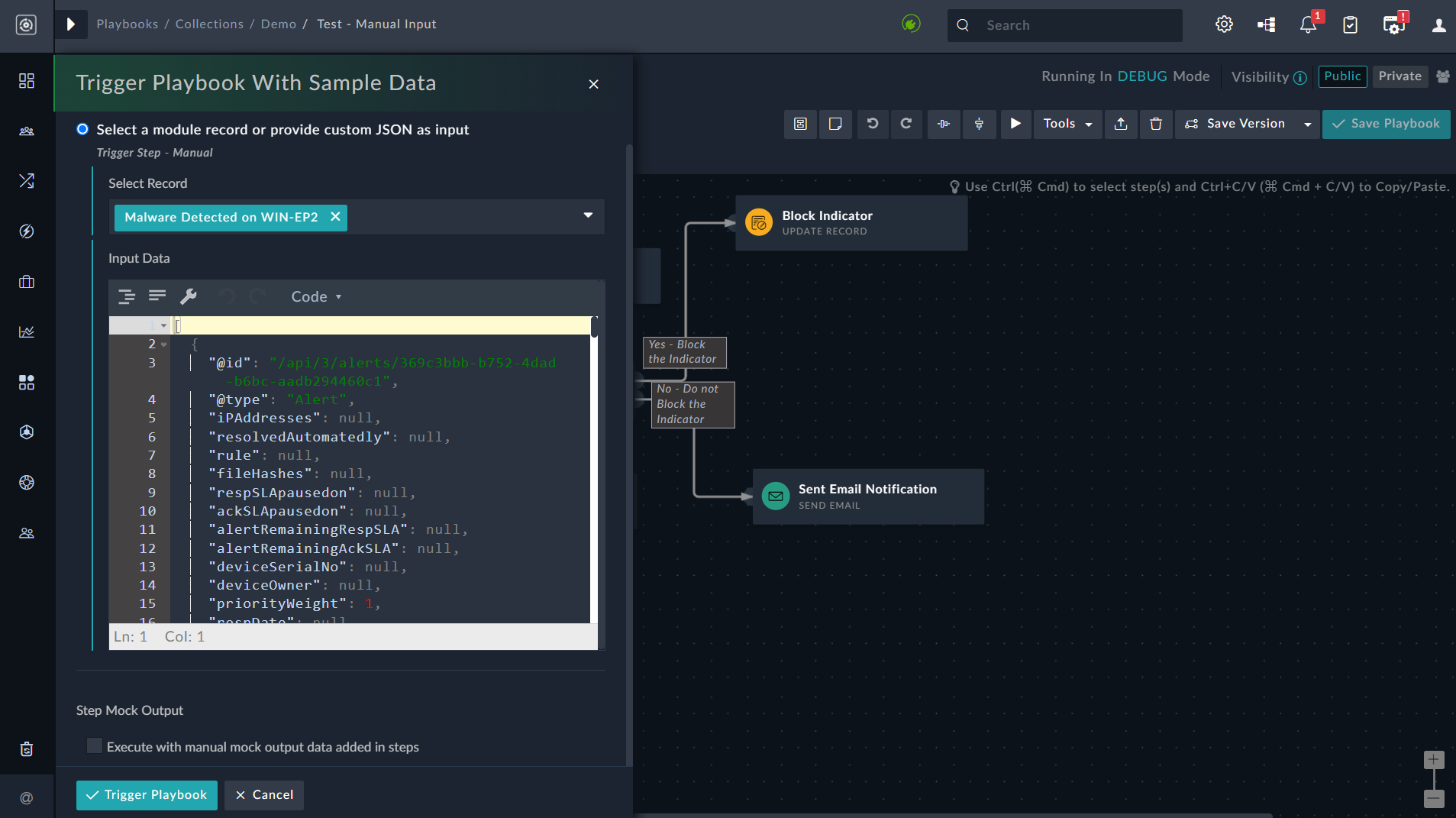Trigger playbook with mock output using an existing record