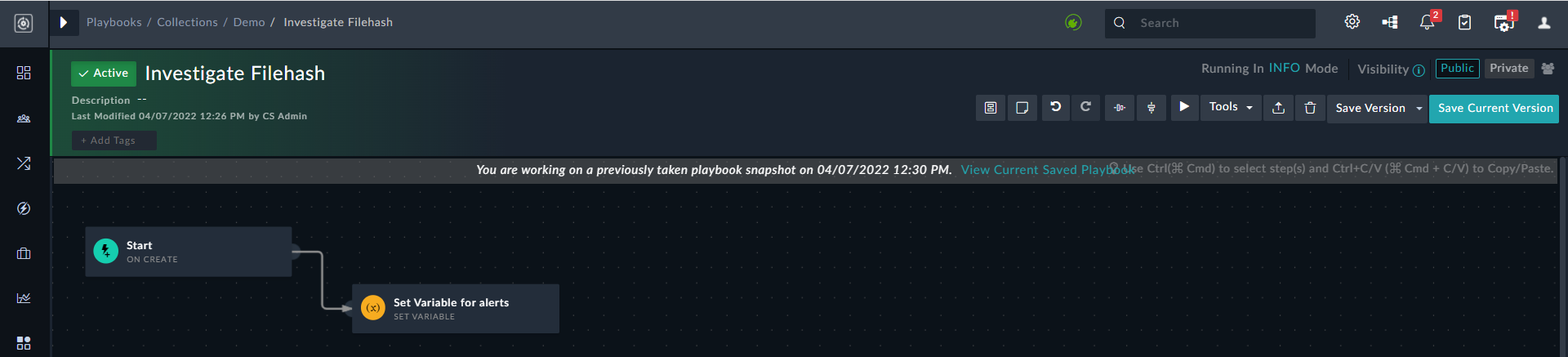 Loading of a version in the playbook designer