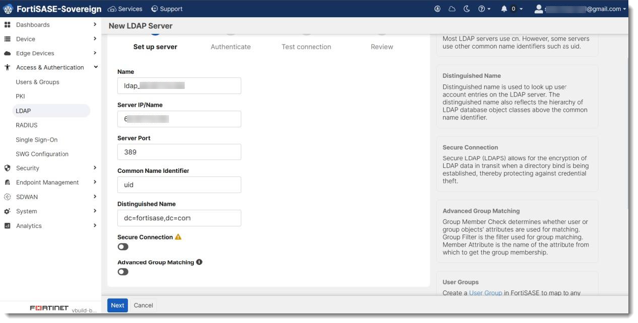 Set up LDAP server | FortiSASE-Sovereign | Fortinet Document Library