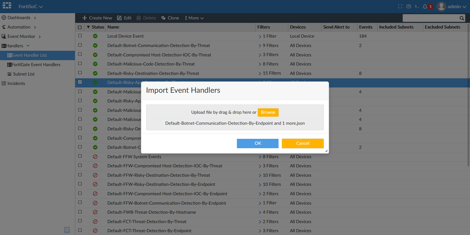 Screenshot displaying imported event handler file