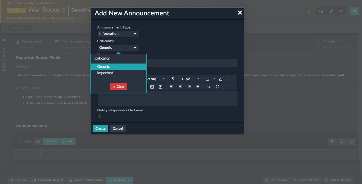War Room Annoucements Dialog