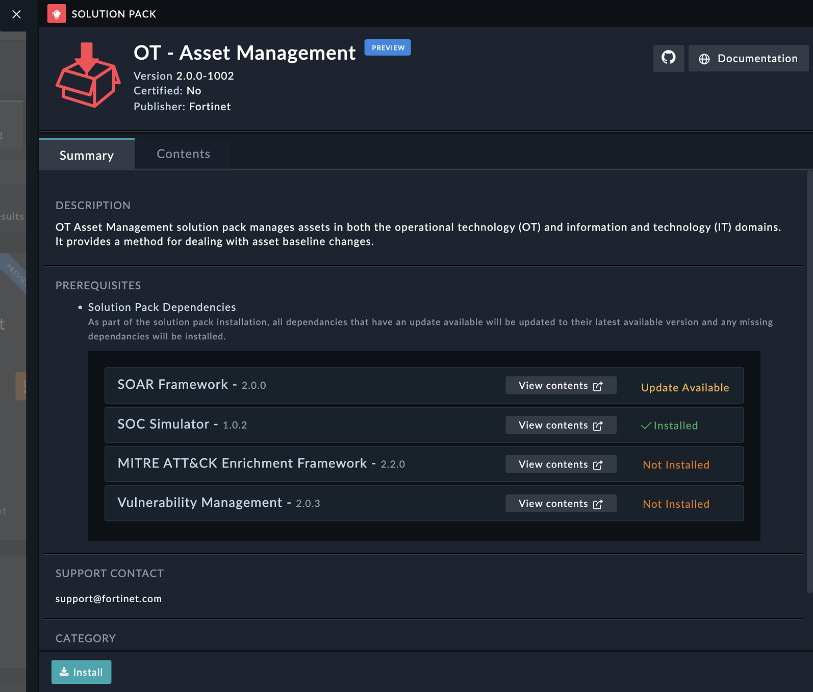 Solution Packs - Summary tab with dependent SPs with update