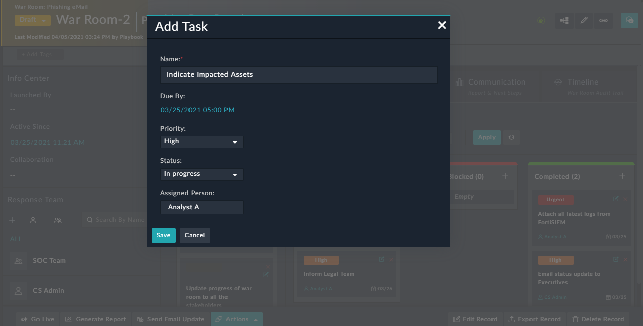Investigate tab - Adding new tasks