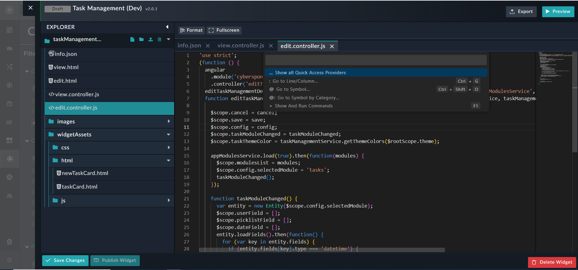 Editor with Intellisense command palatte
