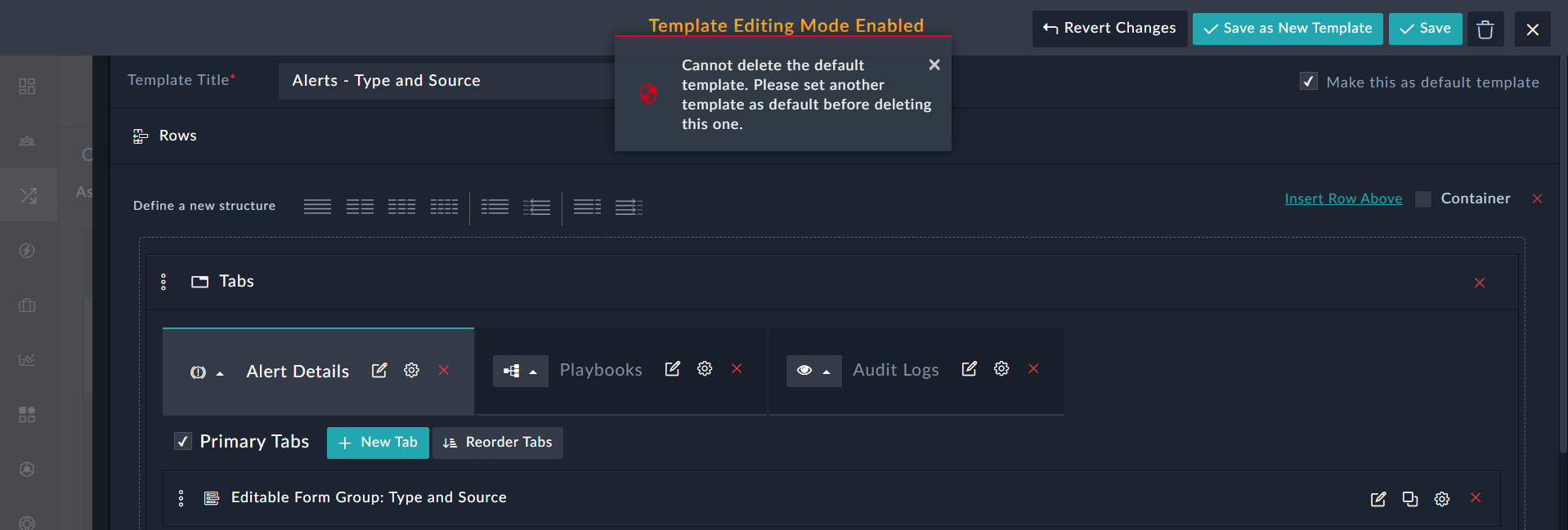 Error displayed while deleting a default template