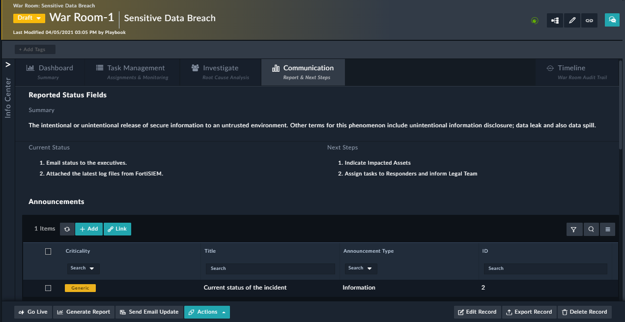 War Room - Communication tab