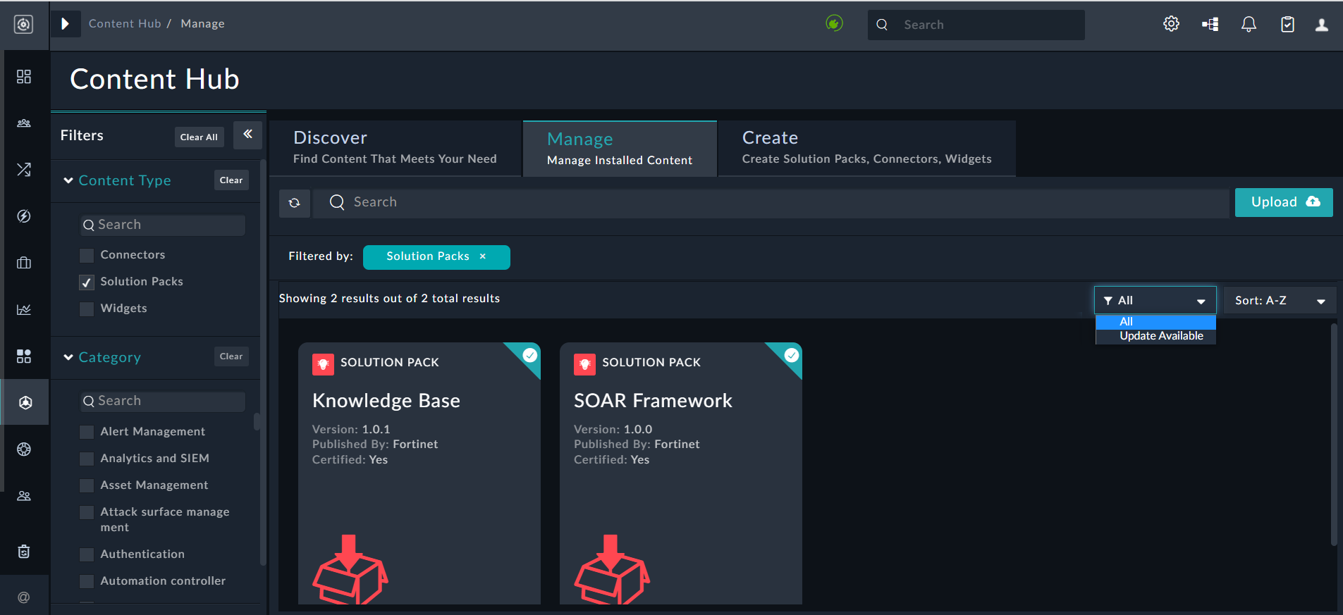 Manage Tab - Installed solution Packs