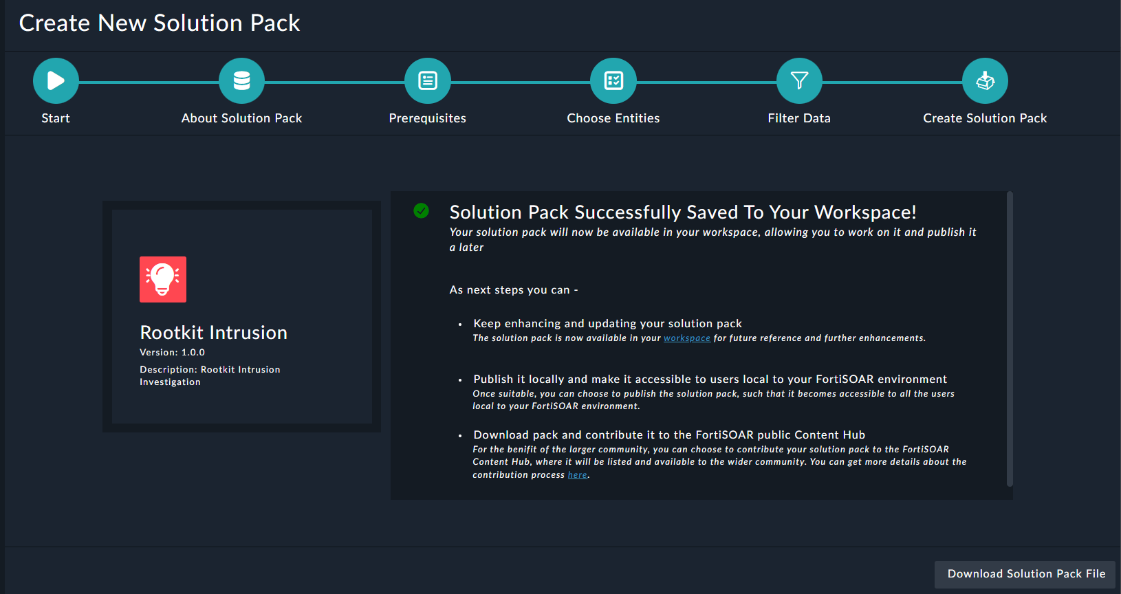 Solution Pack Building Wizard - Next Steps screen