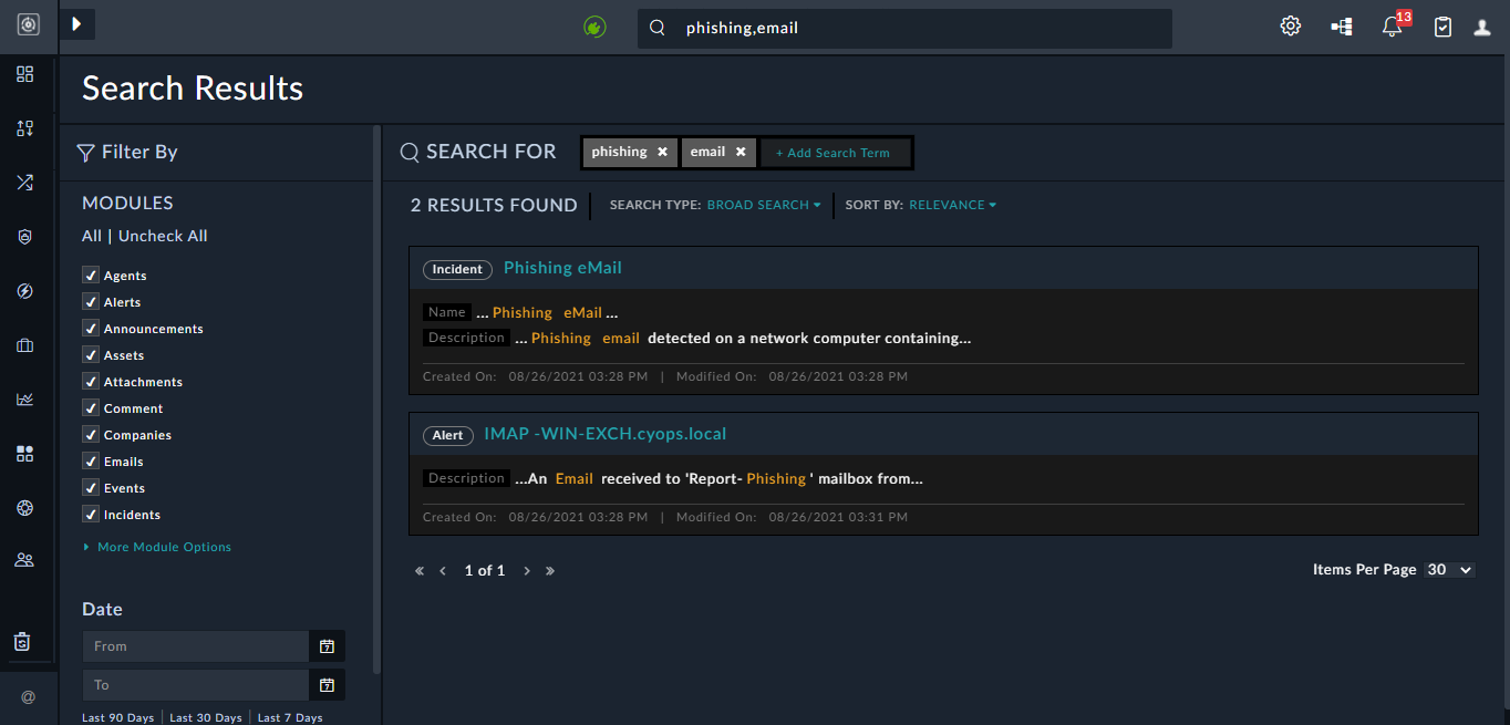 Search using an 'And' operator for both words 'phishing' and 'email'