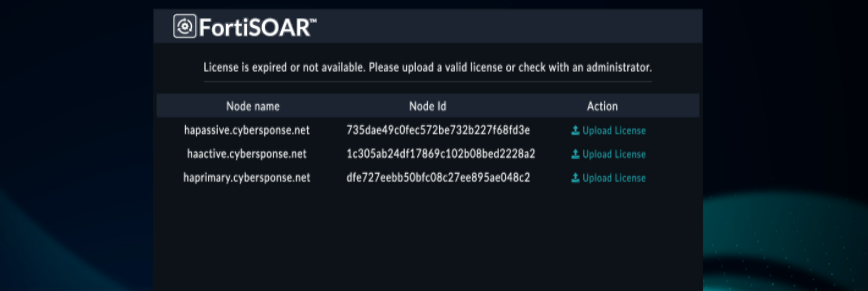 FortiSOAR UI displaying nodes in an HA cluster that have an expired license