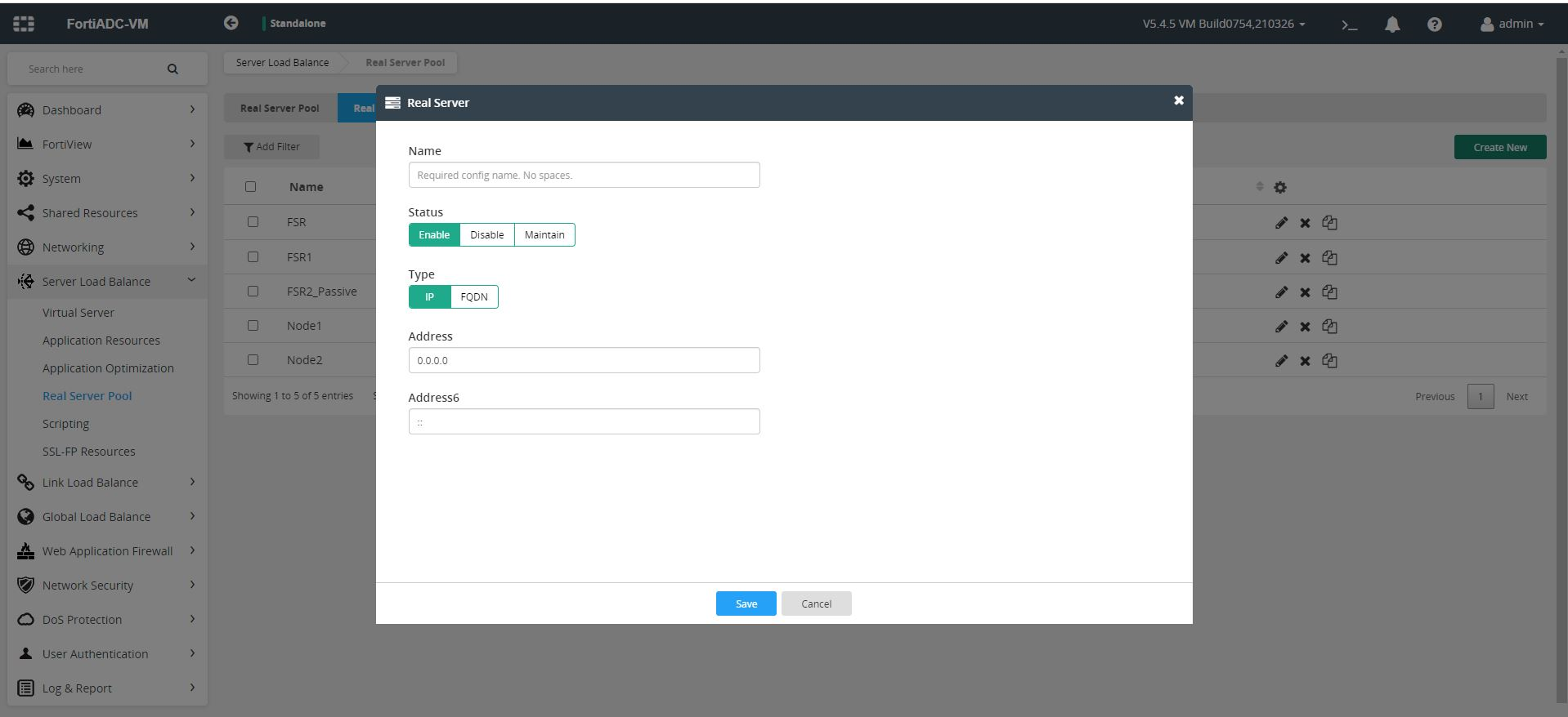 FortiADC- Create New Real Server page