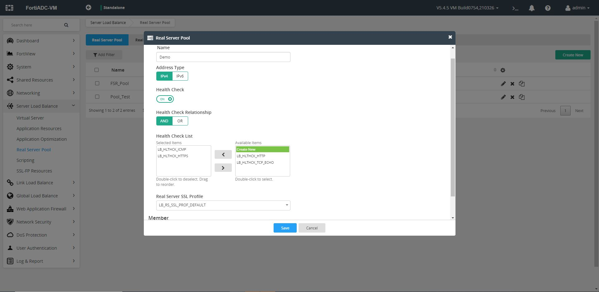 FortiADC- Create New Real Server Pool page