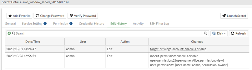 Viewing secret edit history | FortiPAM 1.3.0 | Fortinet Document Library