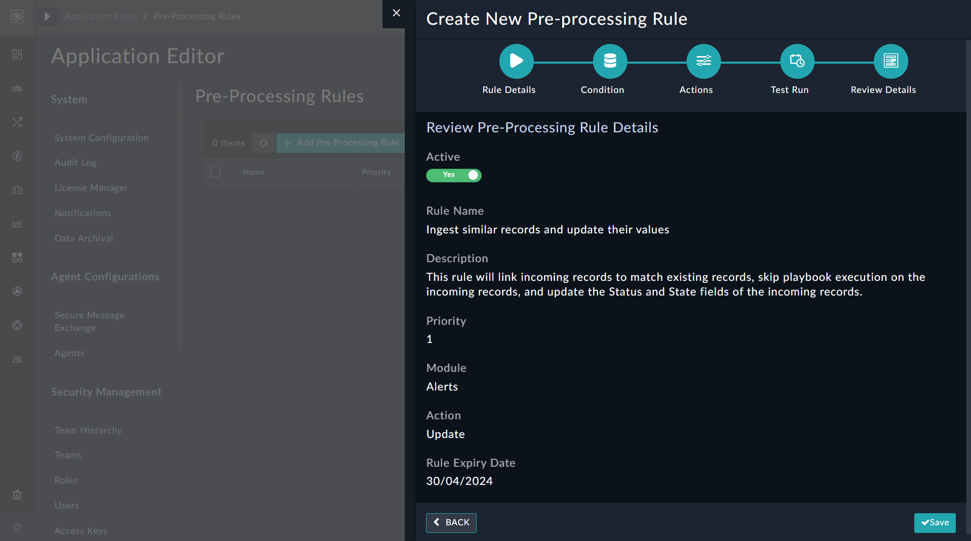 Pre-processing wizard - Review Details dialog for Update type rule