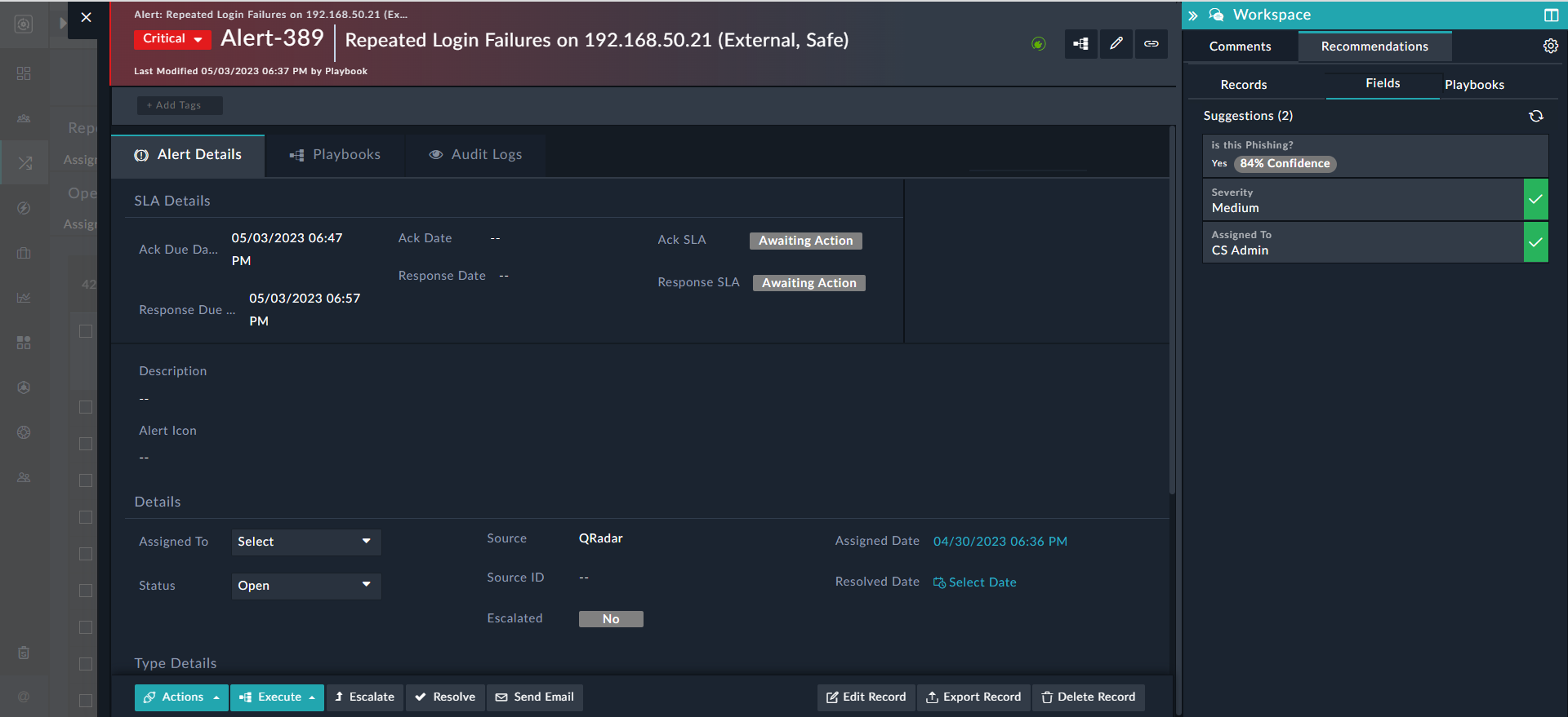 Field Suggestions provided by FortiSOAR based on the recommendation engine