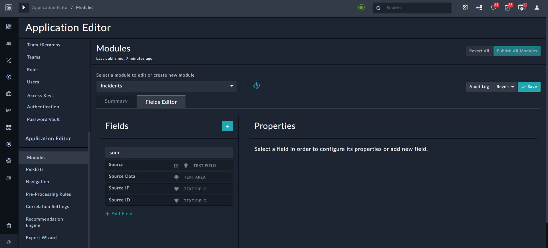 Filtering Fields in the Fields Editor