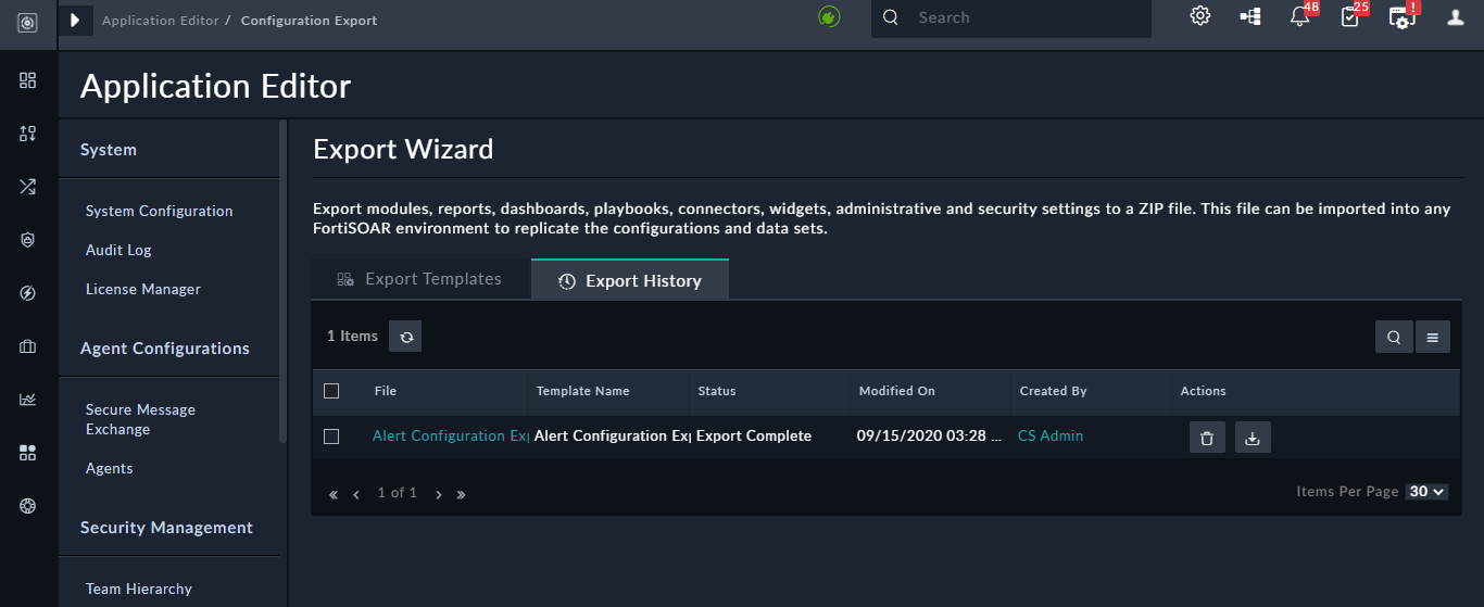 Configuration Export page - Export History page