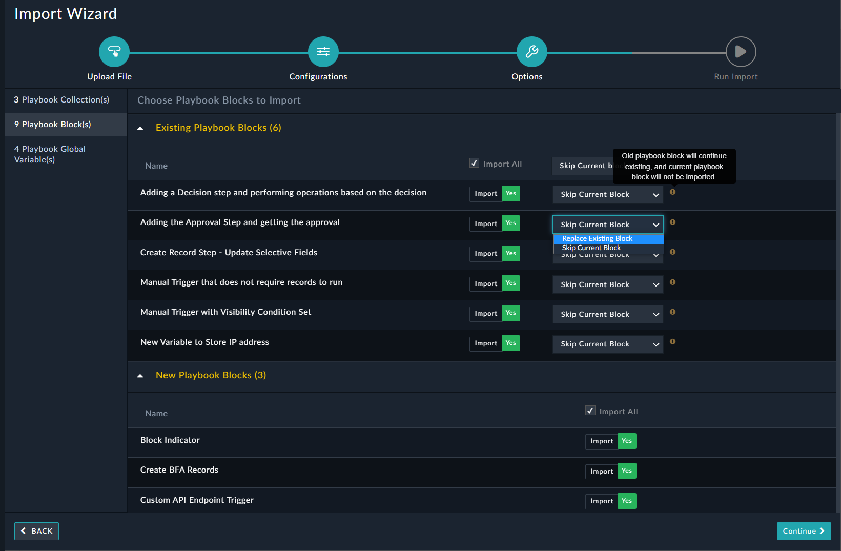 Import Wizard - Playbook Blocks page