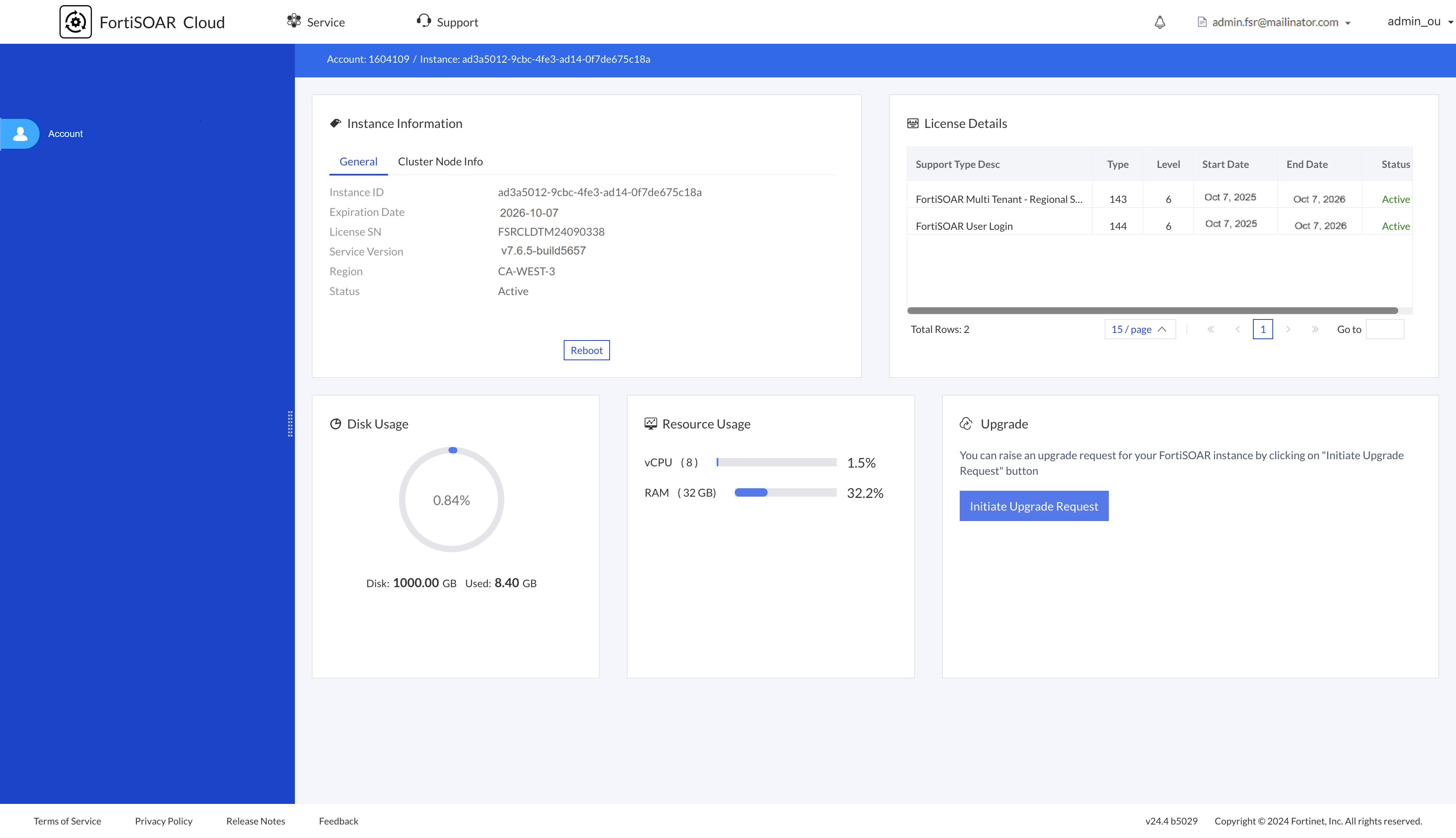 Details of an FortiSOAR instance on the Cloud Portal