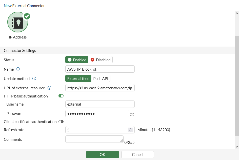 Username and password authentication is enabled through connector settings.
