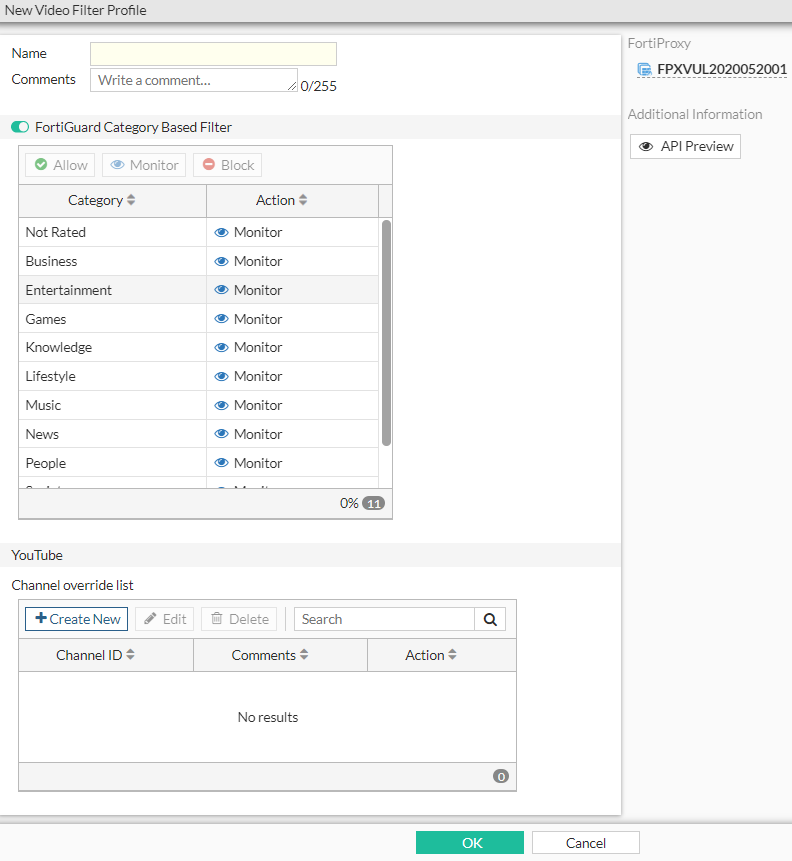 Create or edit a video filter profile FortiProxy 7.4.0