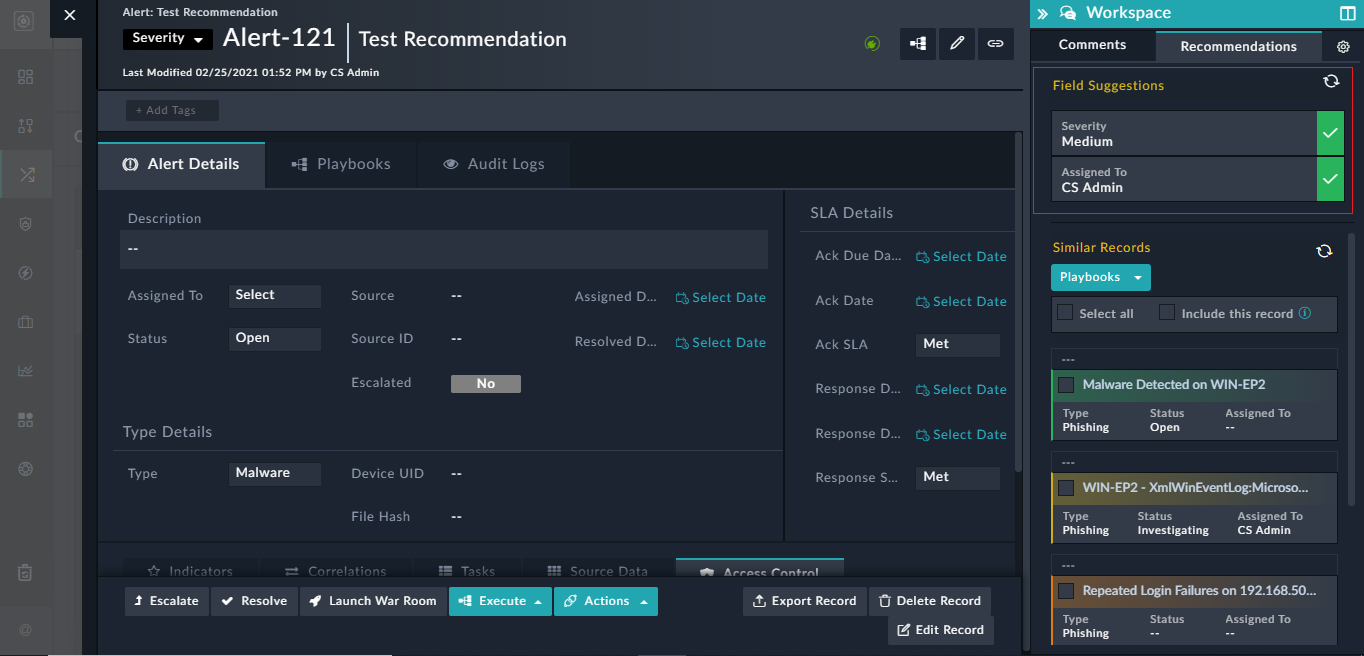 Field Suggestions provided by FortiSOAR based on the recommendation engine