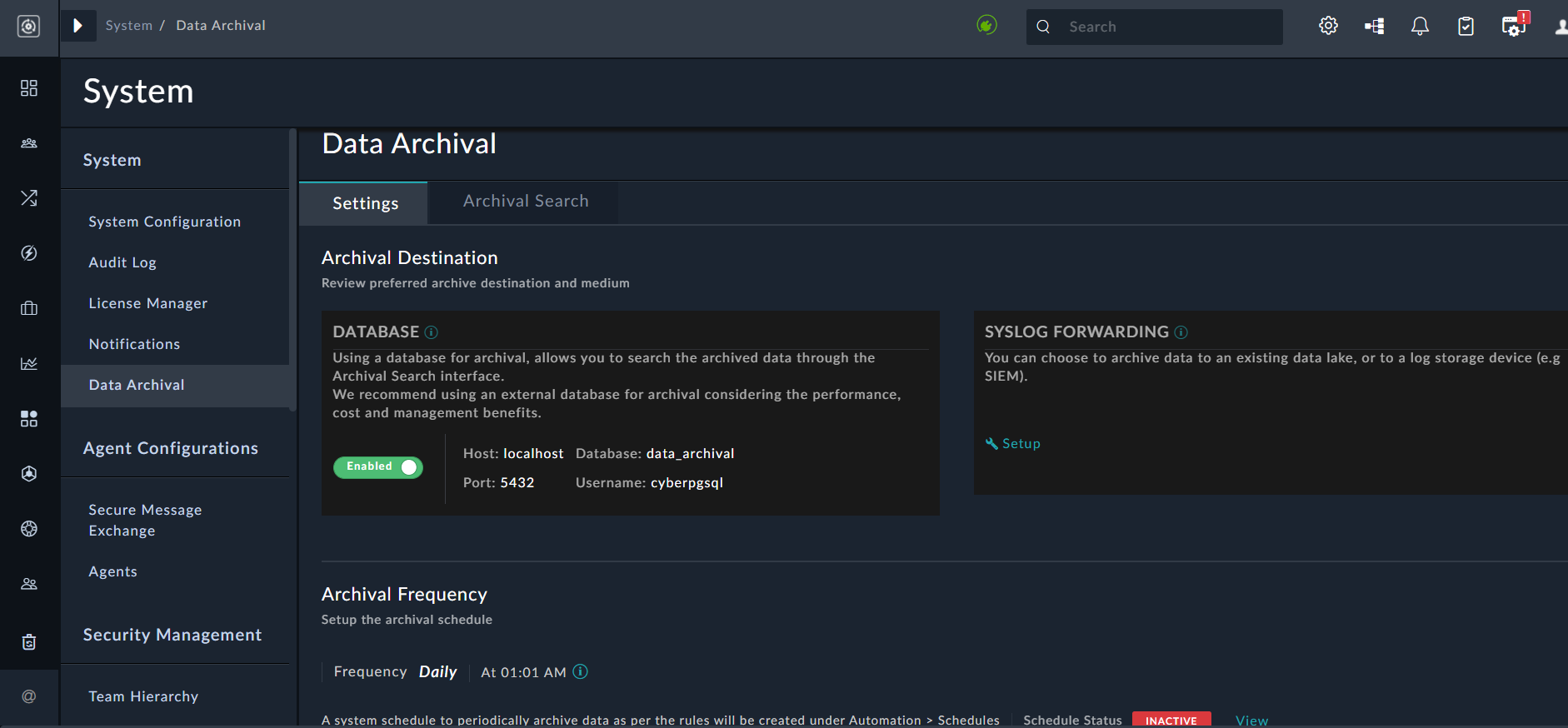 Data Archival Page with internal database set as archival destination