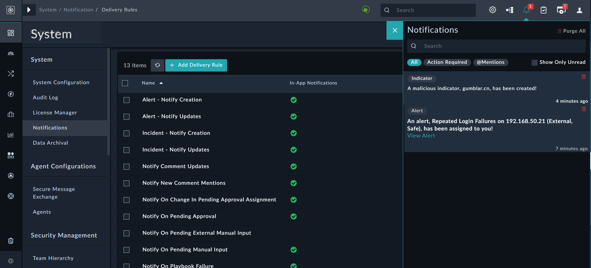 Notification generated when a malicious indicator is created