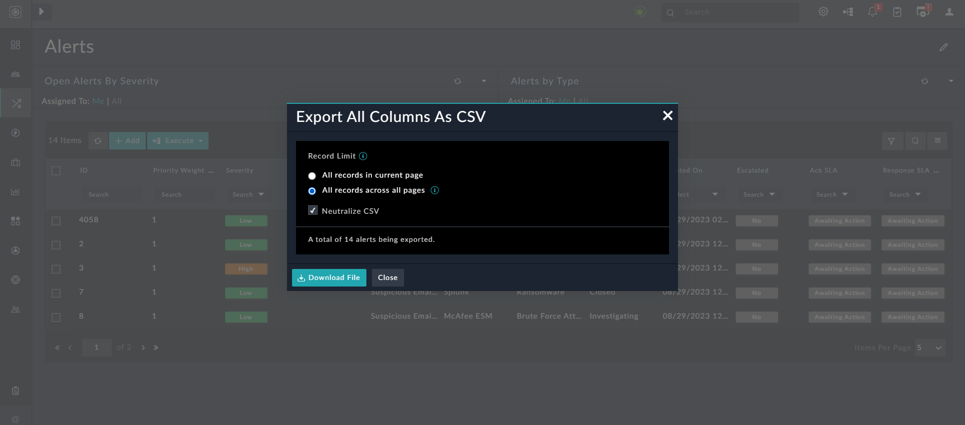 Export All Columns As CSV dialog