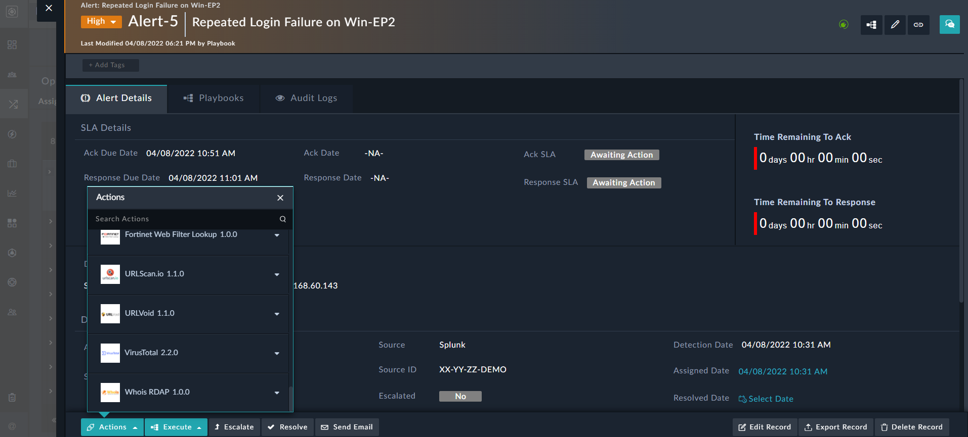 Viewing the Actions button in the Alert Detail View
