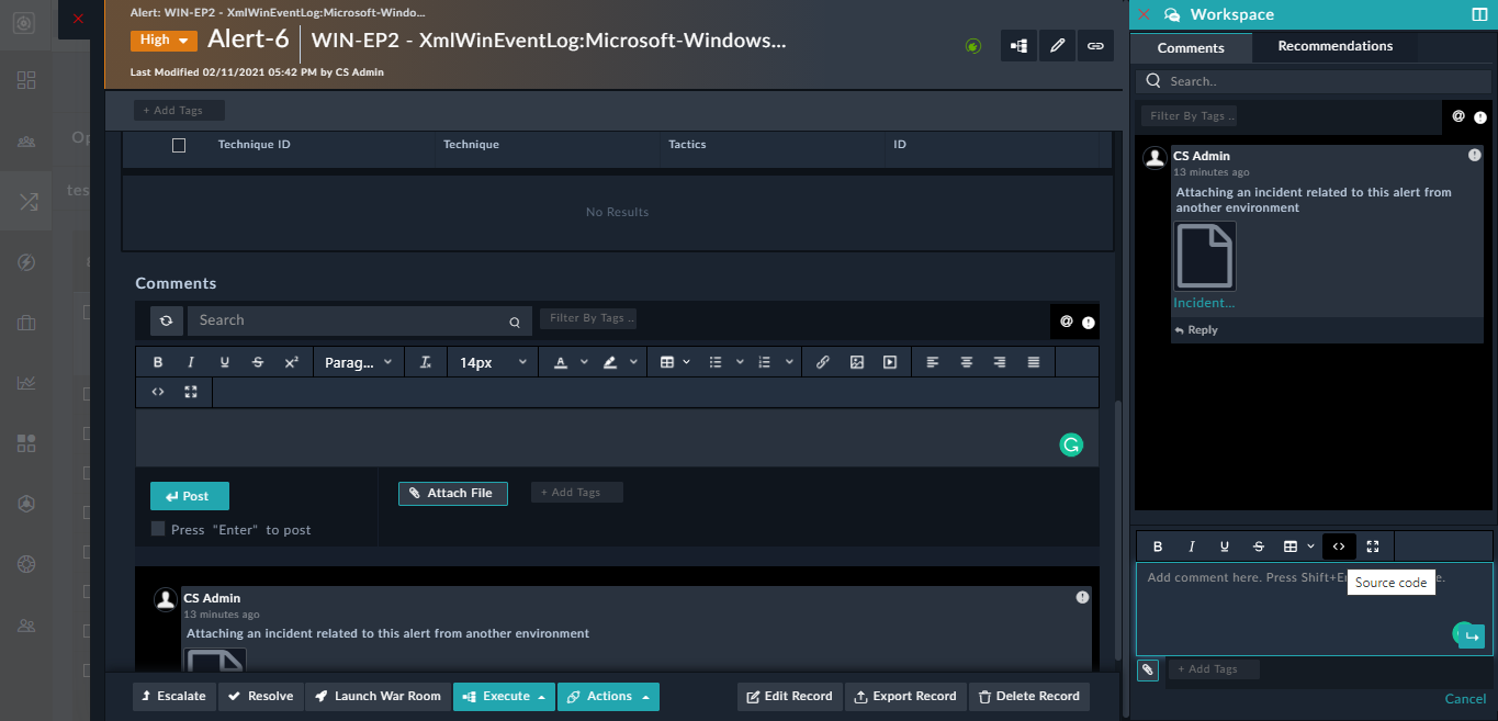 Alerts Detail View - Workspace panel - Comments rendered using HTML