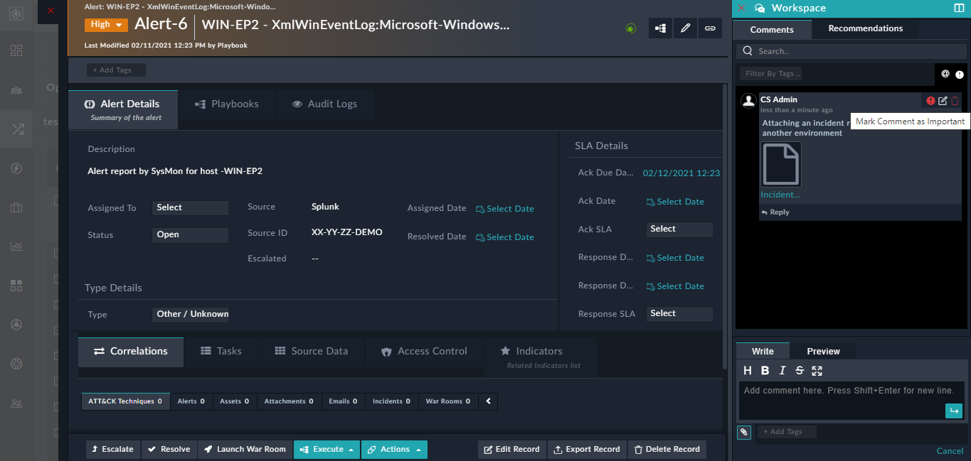 Alerts Detail View - Workspace panel - Comments rendered using Markdown