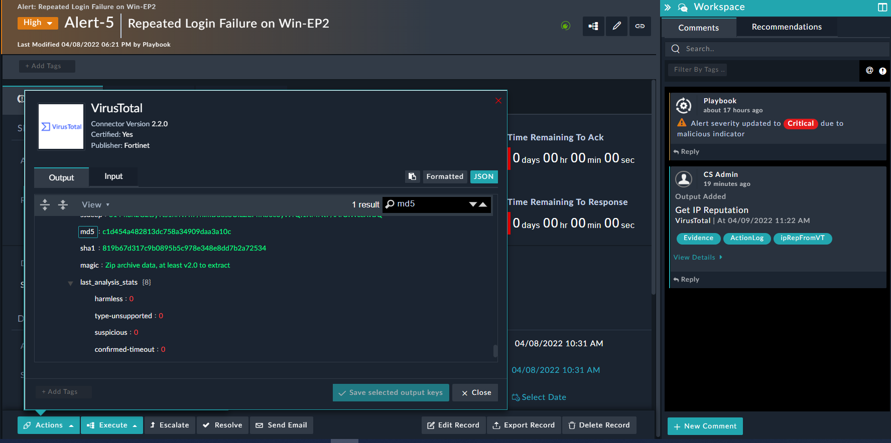 Saving the MD5 Value from the VirusTotal connector using the Get File Reputation action
