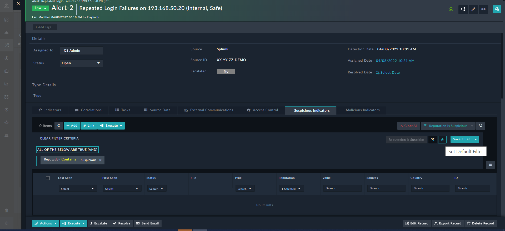 Setting Reputation is Suspicious filter as a default filter