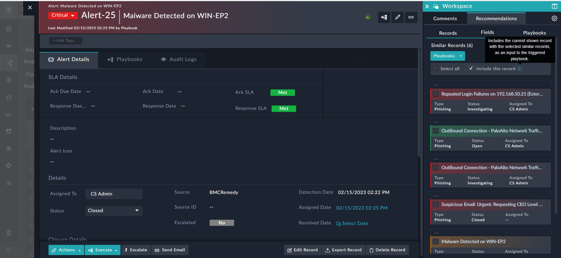 Recommendation pane - Display of similar alerts