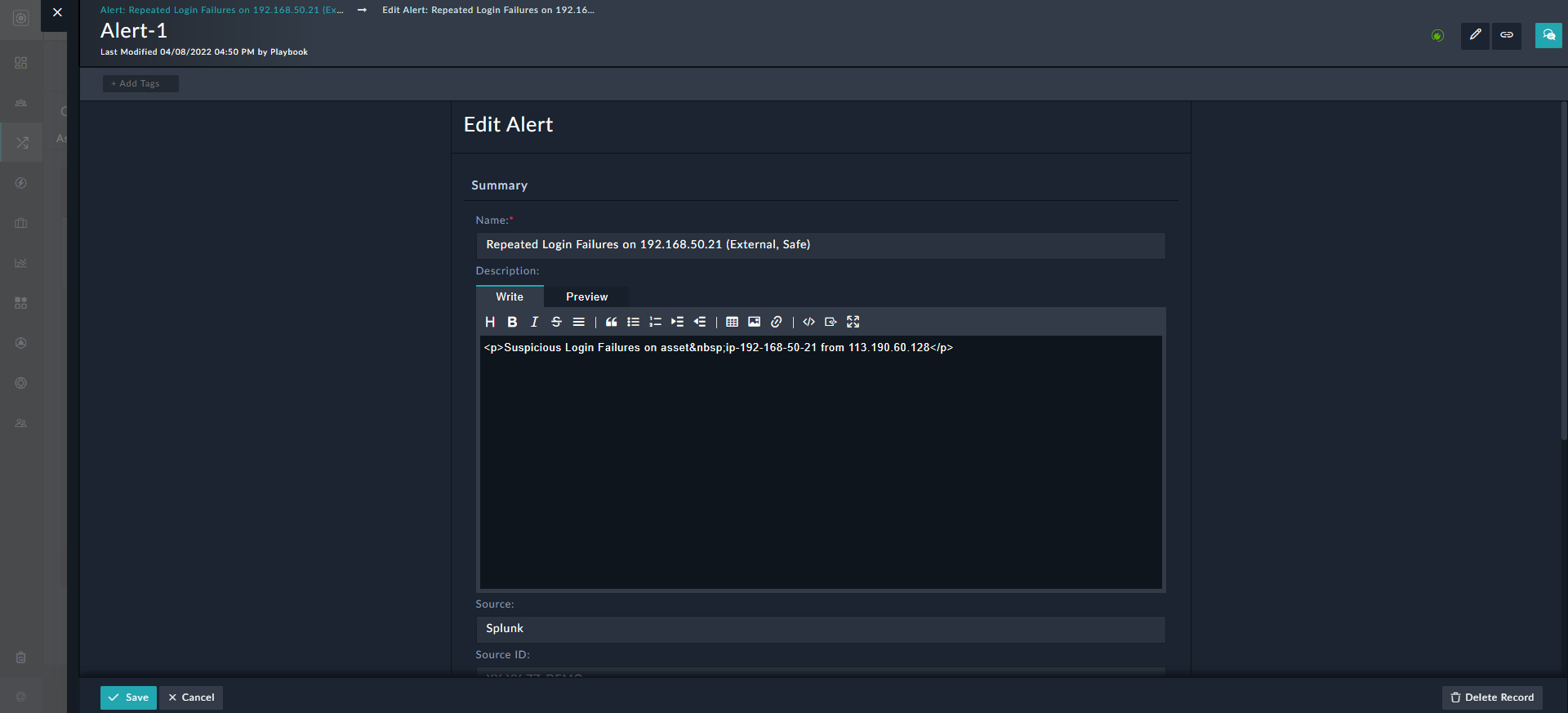 Editing a complete alert record