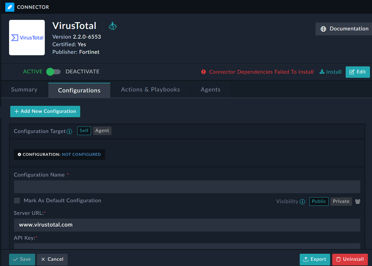 Connector Configuration popup with Dependencies fail message