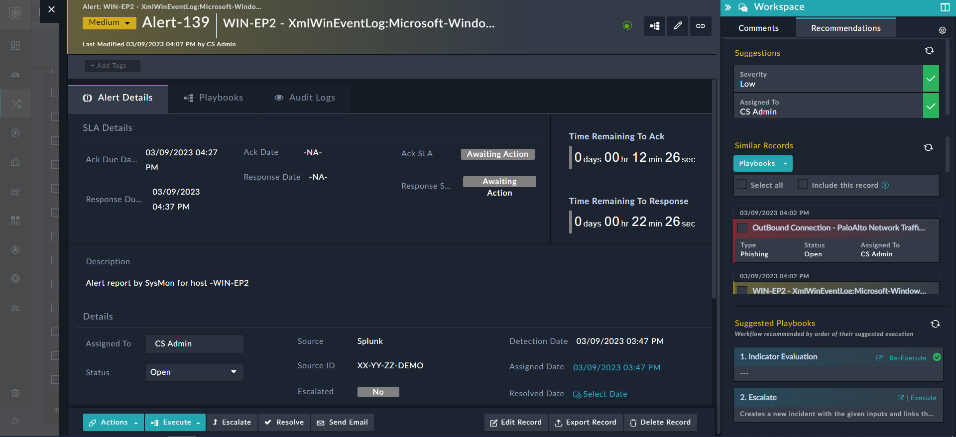 Recommendation Pane- Displaying Playbook Suggetions