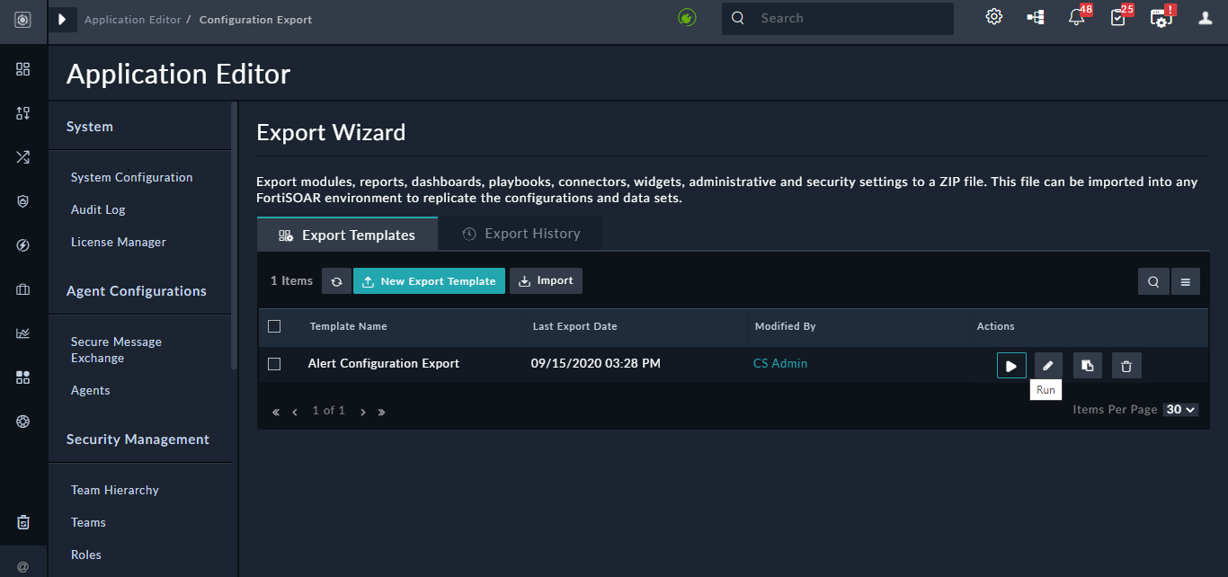 Configuration Export page - Export Templates page