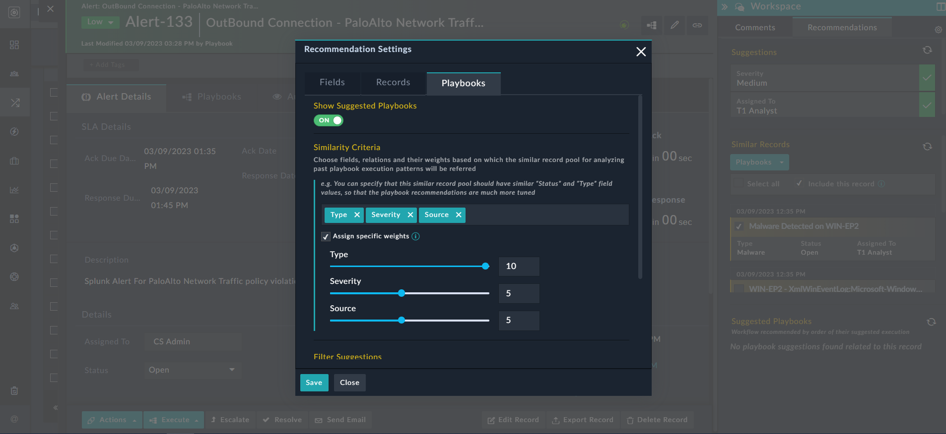 Defining the Similarity Criteria for displaying playbook suggestions