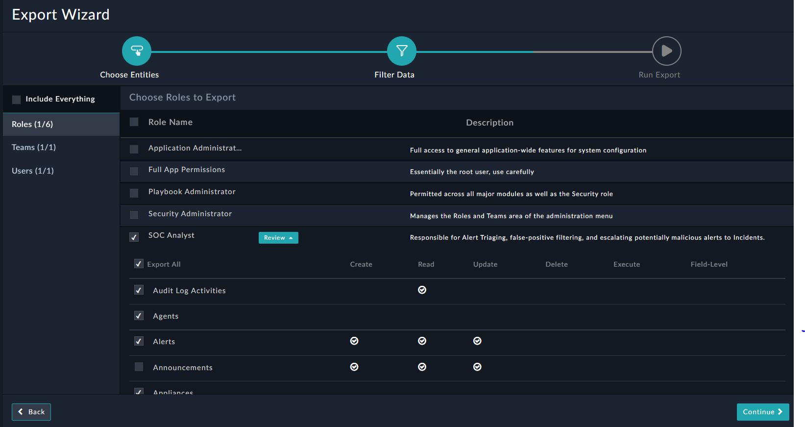 Exporting a role with specific permissions for a selected module